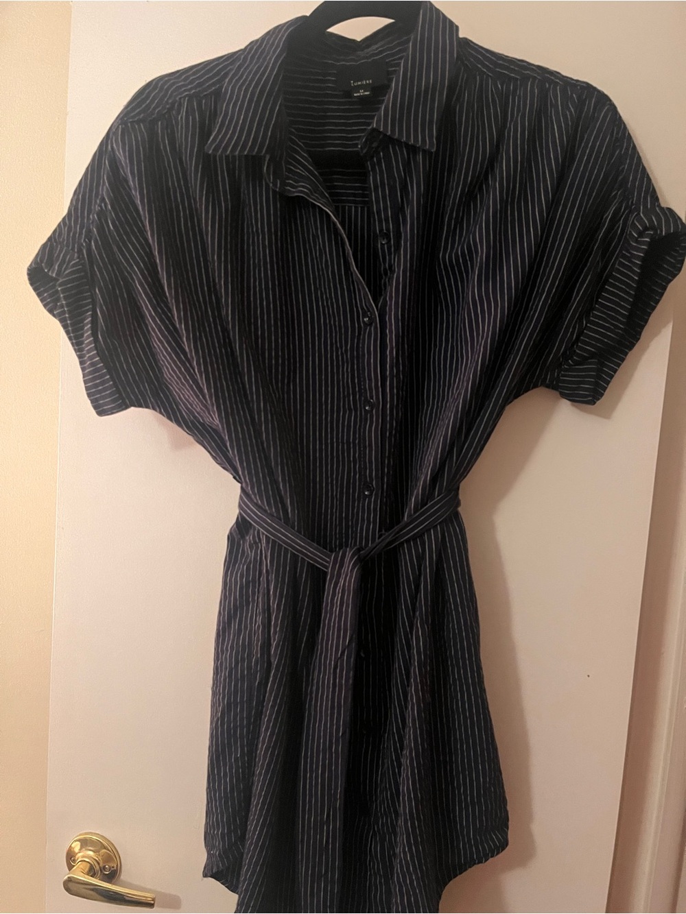 Lumiere Navy Dress with White Pinstripes and Self Tie